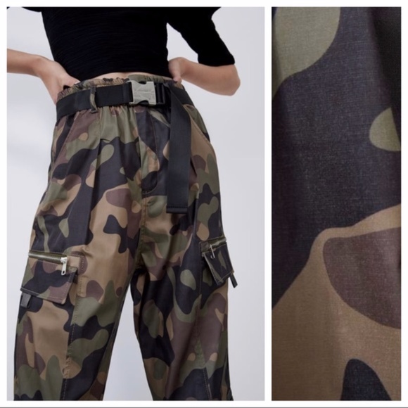 New Zara Belted Camouflage Cargo Nylon Joggers Pants - Picture 2 of 14